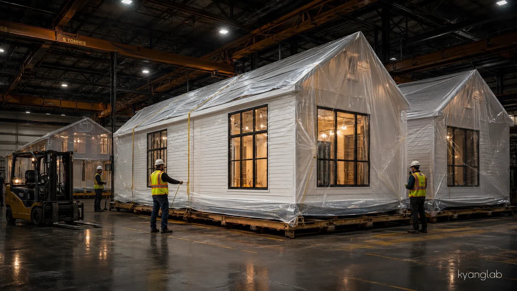Finished prefab home modules wrapped and protected for shipping