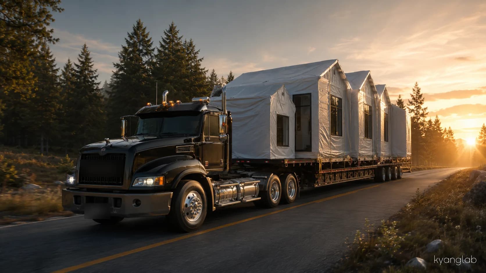 Prefab home modules in transit on a flatbed truck