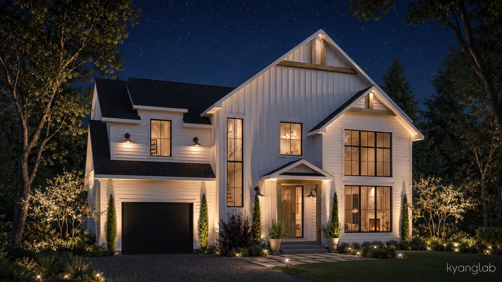 Completed modern farmhouse-style prefab home at dusk