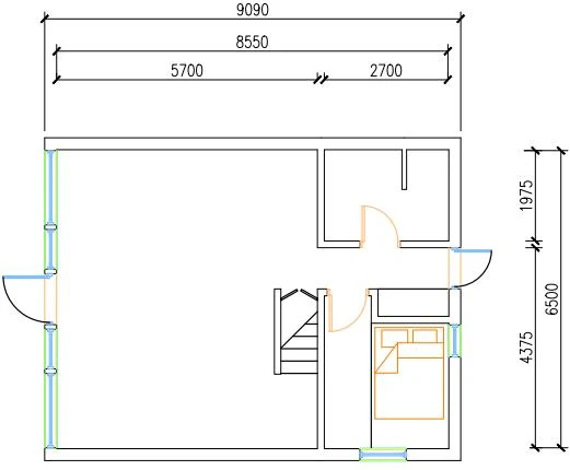 Tiny Villa A2 ground floor plan — 9.09 m × 6.5 m with living area, bathroom and bedroom