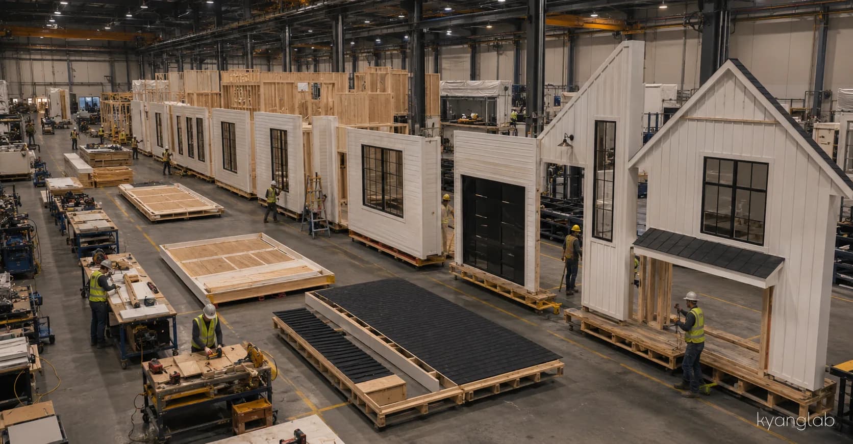 Prefab home wall panels and modules on a factory production line