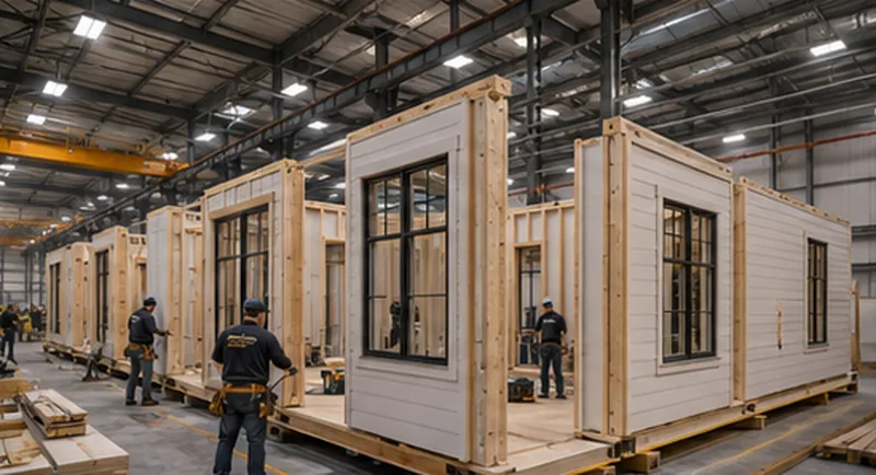 Prefab wall and floor panels being fabricated in the factory