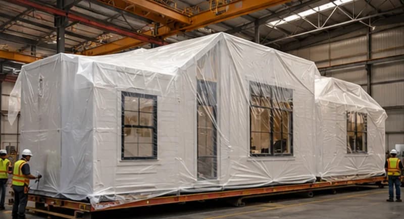 Prefab home modules wrapped in protective film for shipping