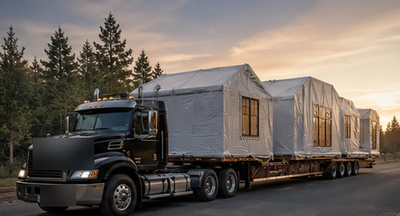 Flatbed truck delivering wrapped prefab modules to the build site