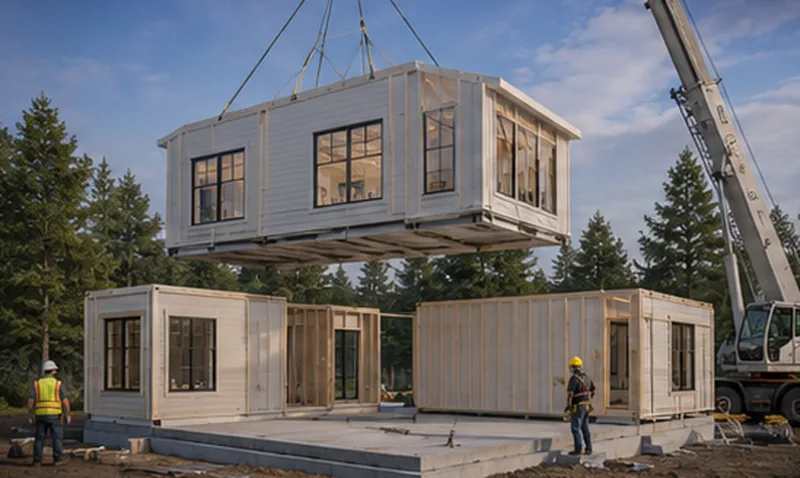 Crane setting a prefab module onto the foundation