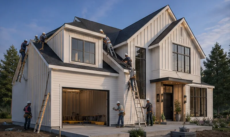 Crew completing the roof and facade of a prefab home
