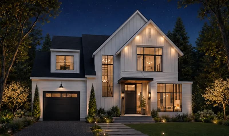 Completed modern farmhouse-style prefab home at night