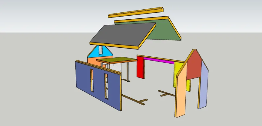 Exploded diagram of the Tiny Villa B2 SIPs panel kit
