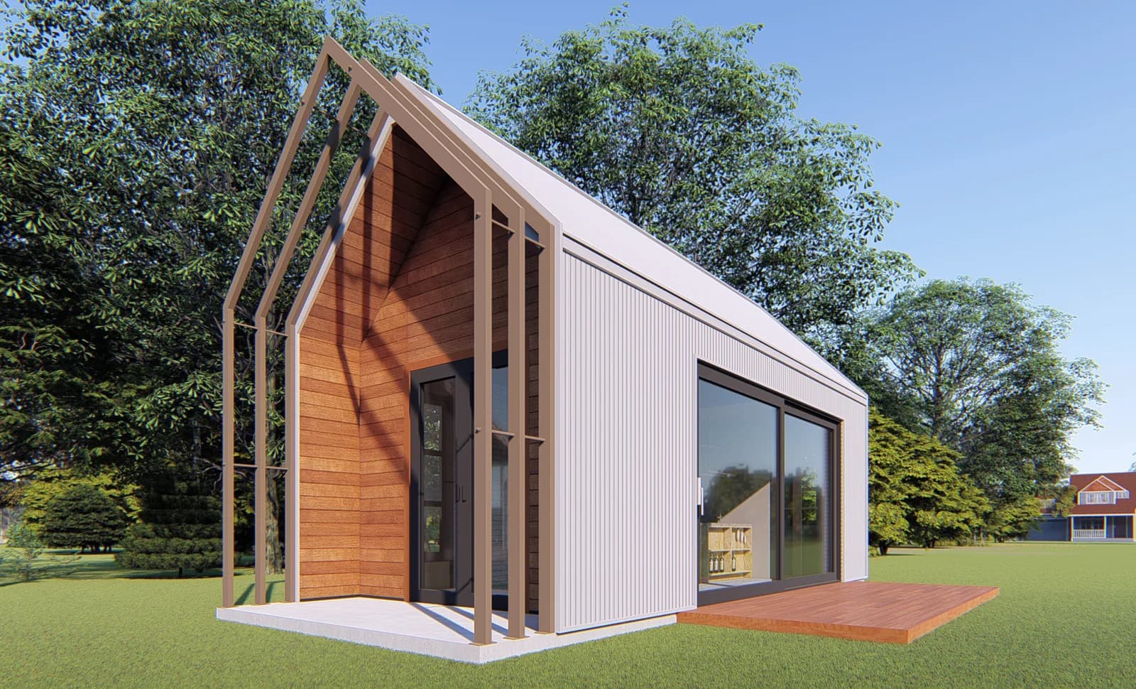 KyangLab Tiny Villa B2 — exterior side view with cedar front porch and steel roof