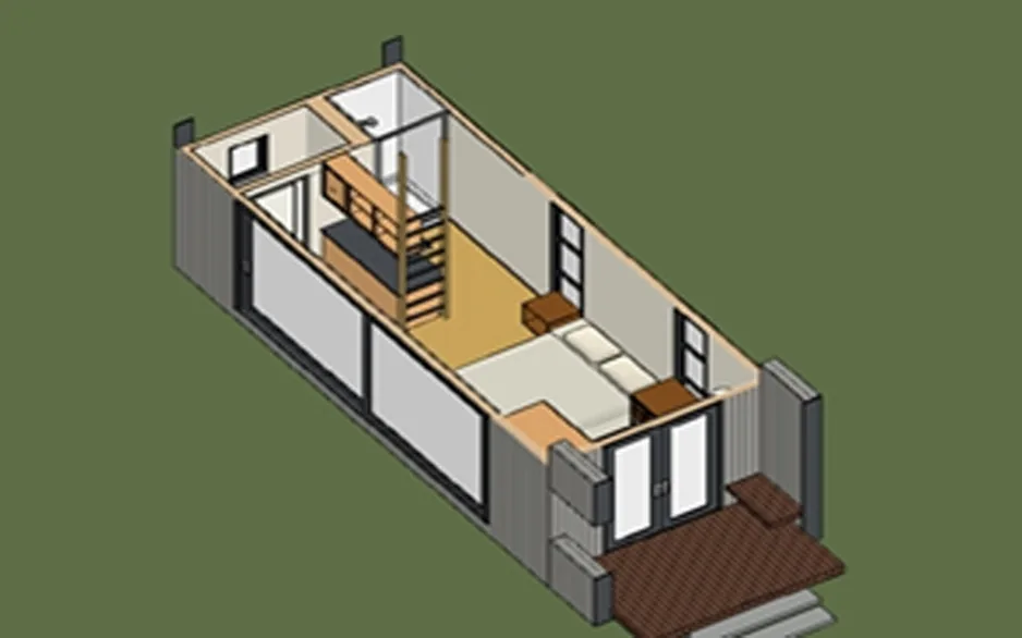 Tiny Villa B2 3D floor plan — living/bedroom, bathroom, kitchen and loft