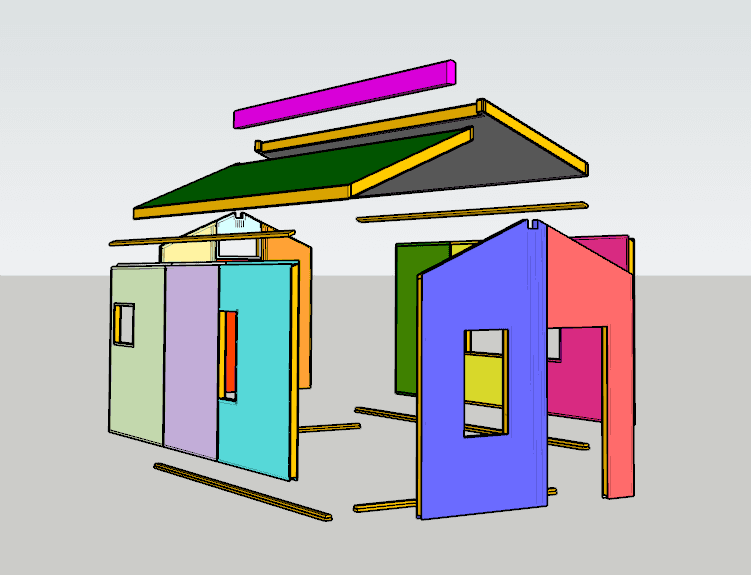 Exploded diagram of the Tiny Villa T1 SIPs panelized shell kit