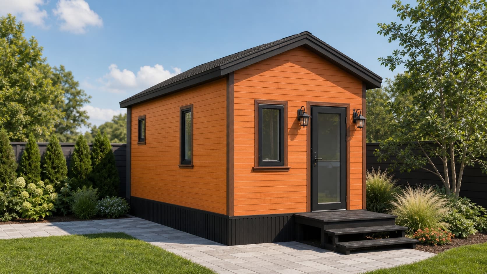 KyangLab Tiny Villa T1 — compact pine-clad prefab tiny villa with asphalt shingle roof
