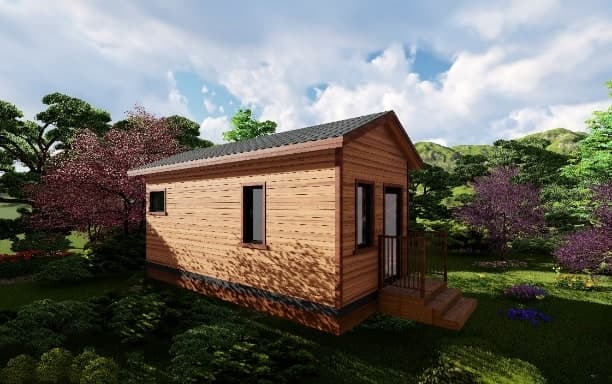 KyangLab Tiny Villa T1 — side exterior render in a garden setting
