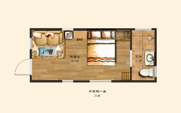 Tiny Villa T1 main floor plan with living area, bed zone, bathroom and stair