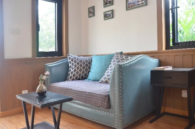 Tiny Villa T1 compact living area with sofa and wood wall trim